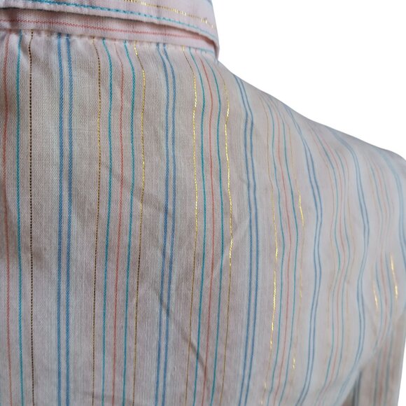 Vintage 80's Striped Button-Up Shirt Womens 9/10 Granny Secretary Pink Striped - Picture 5 of 6